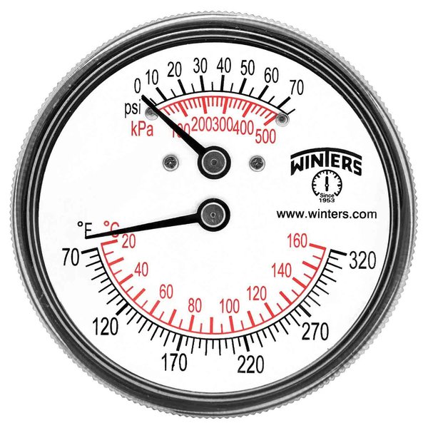 Winters TTD Series Steel Dual Scale Tridicator Thermometer with 2" Stem, 0-75psi/kpa, 2-1/2" Dial Display, ±3-2-3% Accuracy, 1/4" NPT Extension Back, 70-320 Deg F/C