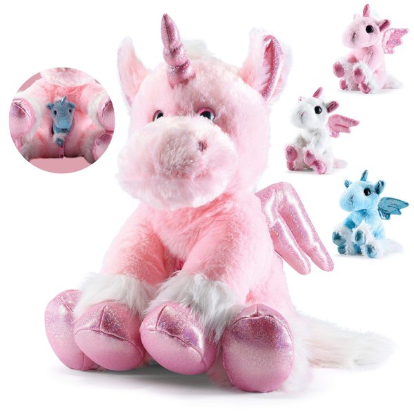 PREXTEX Plush Unicorn with Zippered Pouch for Its 3 Little Plush Baby Unicorns - Plushlings Collection Soft Stuffed Animal Playset
