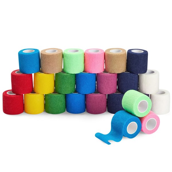 24-Rolls Self Adhesive Bandage Wrap 2 inch x 5 Yards – Breathable Vet Tape, Elastic Cohesive for Wrist, Swelling, Sports, Tattoo (12 Bright Colors)