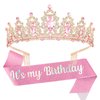 YISSION Birthday Girl Sash & Crown, Pink Princess Tiara Crown for Women Girls, Happy Birthday Queen Crown & Sash, Birthday Tiaras & Crowns for Women, Birthday Headband, Birthday Party Decorations