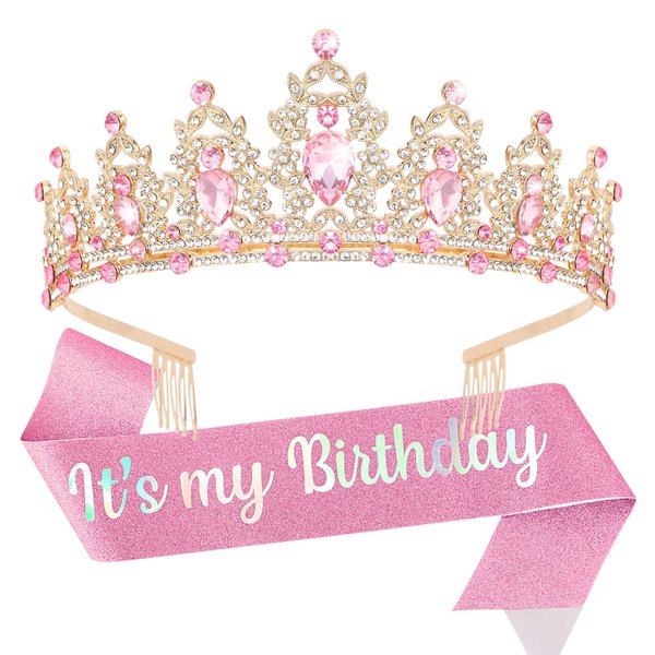 YISSION Birthday Girl Sash & Crown, Pink Princess Tiara Crown for Women Girls, Happy Birthday Queen Crown & Sash, Birthday Tiaras & Crowns for Women, Birthday Headband, Birthday Party Decorations