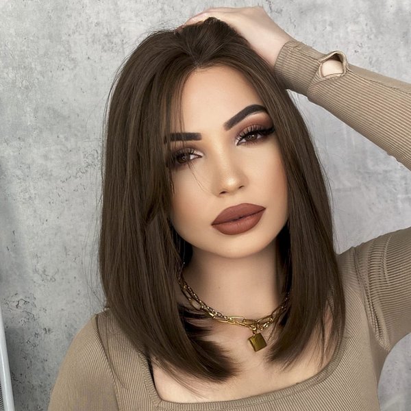 7JHH WIGS Short Straight Bob WIG Lace Front Synthetic Shoulder Length Middle Part mix Highlight Wig for Women Daliy Party Cosplay Used (15" Brown)
