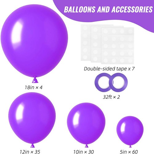 129PCS Purple Balloons,18 12 10 5 inch Purple Latex Balloon Arch Kit Party Decorations,Suitable for Masquerade Party Decorations Birthday Anniversary Baby Shower Party Supplies
