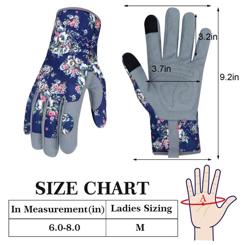 MERTURN Women's Blue Leather Gardening Gloves, Touch Screen Design, Thorn Proof, Durable and Breathable, Suitable for Planting, Digging, Pruning, and More