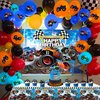 63 PCS Monster Truck Birthday Party Supplies Monster Trucks Birthday Decoration Monster Trucks Party Supplies Monster Truck Backdrop Balloons Tablecloth Cake Toppers Cupcake Toppers