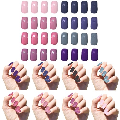 MUACHCHA 8 Packs 192 Pieces Colorful Acrylic False Nails Medium Length Square Press on Nails Full Cover UV Coat Solid Color Fake Nails Artificial Nail Art Tips Kit for Women Girls Manicure DIY Nail Design Art Salon Decorations Sets