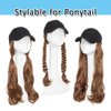 SEGO Baseball Cap with Hair Extensions for Women Adjustable Hat with Hair Attached Synthetic Long Wavy Wig with Black Hat Stylable for Pigtail Ponytail 16 Inch Light Brown 290g