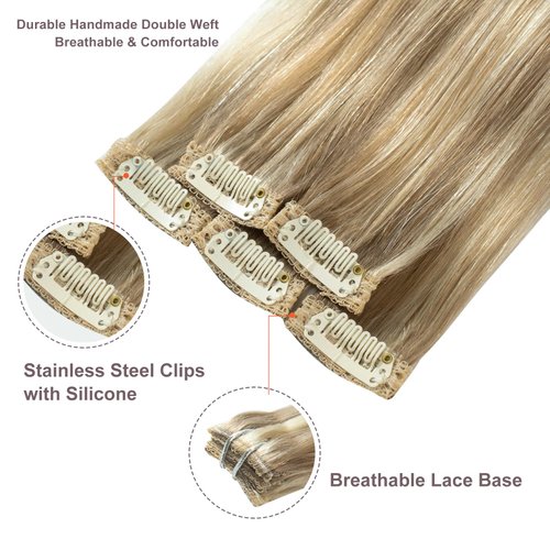 FUBILI Blonde Real Human Hair Extensions Light Blonde Highlighted Golden Blonde Remy Human Hair 16inch for Women Easy to Clip in Hair Extensions 30g 5 pcs