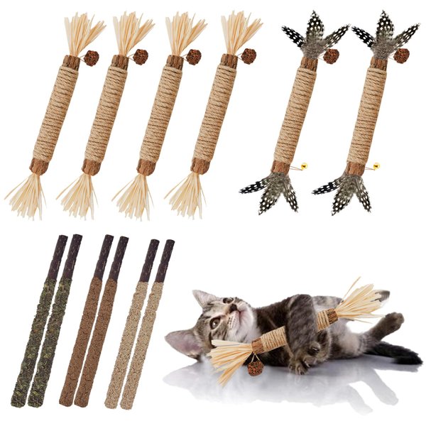 GREMBEB Cat Toys, 12pack Silvervine Cat Feather Toy Kitten Chew Stick Catnip Treat with Bell for Cleaning Teeth Indoor Kitty Teaser Wand Molar Snack for Interactive Pet Pig-1