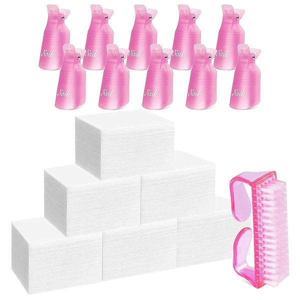Gel Nail Polish Remover Clip Set, TsMADDTs Pink Finger Nail Clips for Polish Removal UV Gel Acrylic, Nail Soak Off Caps with 600Pcs Cotton Lint-free Nail Wipes, Nail Brush