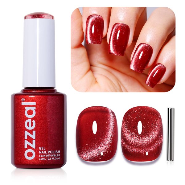 Cat Eye Gel Nail Polish, 0.5 Fl Oz Blood Red Magnetic Gel Nail Polish With Magnet UV LED Holographic Glitter Gel Nail Polish Diamond Shimmer Sparkle Gel Polish Nail Art DIY Manicure