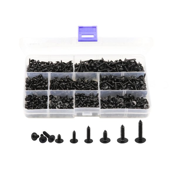 LBY 900pcs M2.3 M2.6 M3 Truss Head Self Tapping Screws, Wafer Head Screws, Pan Head with Washer Screw 9 Sizes Self Tapping Screws Assortment Kit, Carbon Steel (Blacking)
