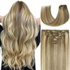 Savasana Clip in Hair Extensions Real Human Hair Light Blonde Highlighted Golden Blonde Full Head Long Straight Hair Extensions for Women 7PCS Thick Full End 80g Clip on Hair Extensions 12In #P16/22