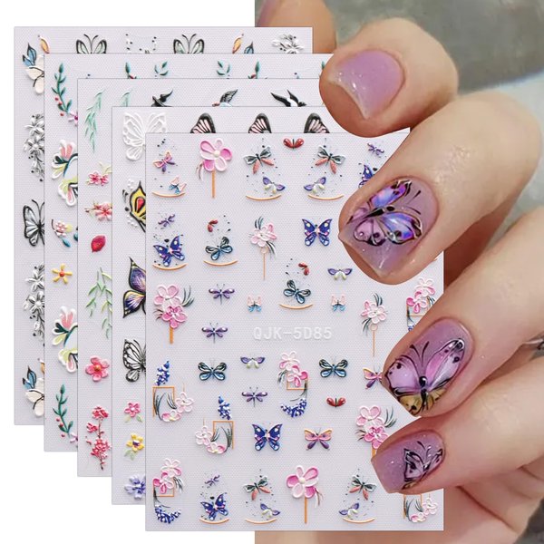 JMEOWIO 6 Sheets 3D Embossed Butterfly Flower Nail Art Stickers Decals Self-Adhesive Pegatinas Uñas 5D Spring Floral Nail Supplies Nail Art Design Decoration Accessories