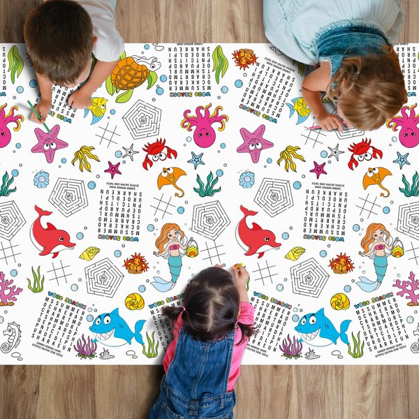 Yungyan 1 Pieces Ocean Animals Coloring Tablecloth for Classroom Giant Summer Coloring Poster Sea Tablecloth Mermaid Shark Activity Table Cover for Sea Themed Birthday School Parties 54 x 104 Inch