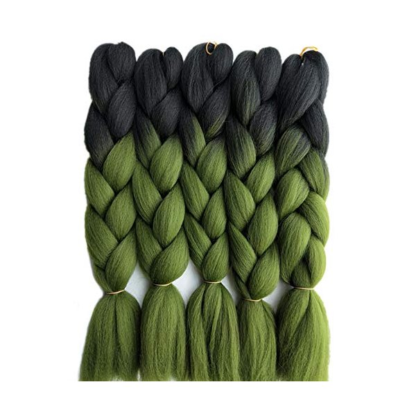 24inch Black to Olive Green Two Tone Ombre Color Synthetic Braiding Hair Extensions Jumbo Braids Hair Bulk 5packs/lot for Crochet Twist Box Braiding Hair (black olive green)