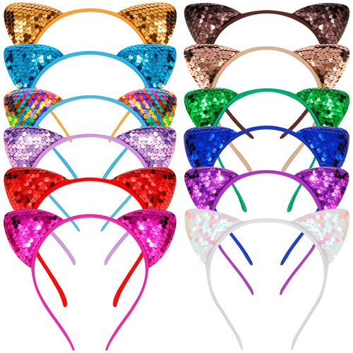 COCIDE 12Pcs Cat Ears Headbands Set Taylor Party Decorations Sequins Headbands for Girls Dollhouse Party Favors Birthday Hair Hoops for Gabby Dollhouse Party Favors Halloween Hair Accessories