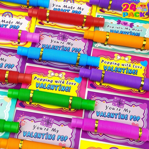 Valentines Day Gifts Cards for Toddlers Classroom, 24 Pack Pop Tubes Fidget Toys with Valentines Class Exchange Cards for Kids, Valentine Non Candy Treats School Party Favors Prizes for Boys Girls