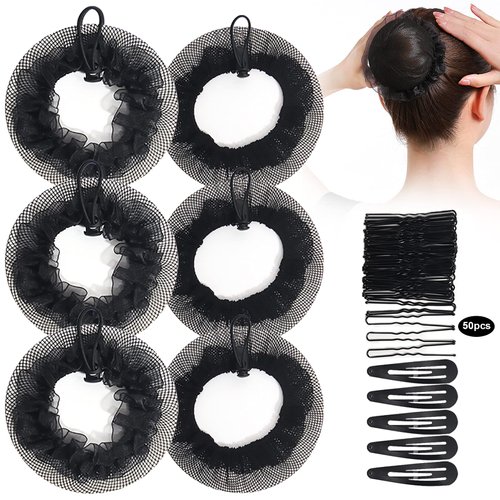 KESAPLAN 6PCS Bun Hair Nets Set Reusable Elastic Mesh Bun Cover for Ballerina Dancer Bank Clerk Nurse Skater Hair Fixing Black Stretch Lace Hair Accessories for Women Girls Mixed Style (Medium)