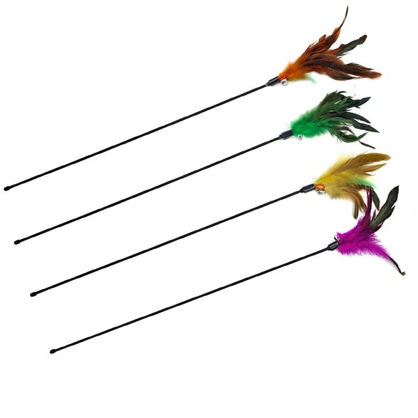 Cat Wand Toys, 4 PCS Interactive Cat Teaser Wand Cat Feather Toys with Loud Bell - 20" Long Wand for Cat and Kitten