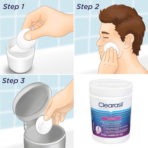 Clearasil Ultra Deep Pore Cleansing Pads, Salicylic Acid Acne Treatment Visibly Reduce Pimple Size and Redness in 4 Hours, 90 Pads (Pack of 3)