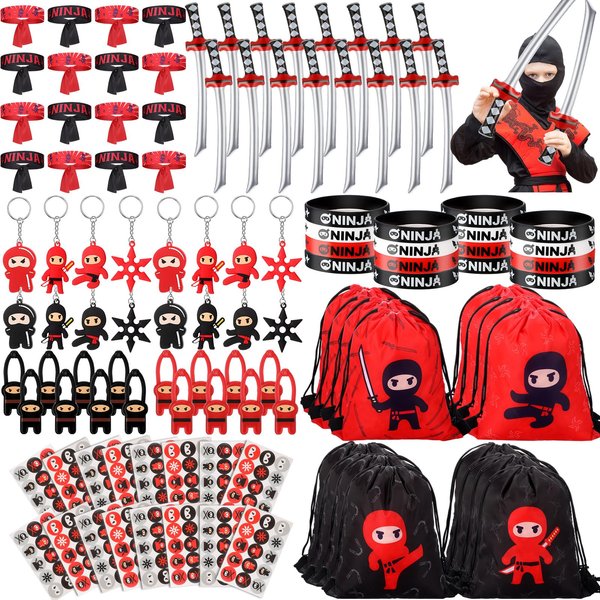 Tondiamo 84 Pcs Ninja Pirate Party Favors with Drawstring Backpack Headband Inflatable Sword Bracelet Sticker Keychain Stretch Ninja or Pirate Eye Mask For Ninja Karate Pirate Birthday (Ninja Style)