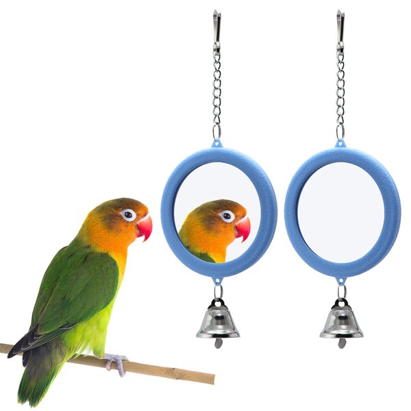 2PCS Bird Mirror with Bell Parrot Hanging Interactive Playing Toy for Cockatiel Parakeets Canaries Budgie Cage Accessories (Blue)