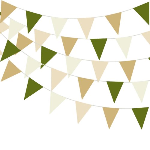 32 Meters 105ft Olive Green Tan Brown Beige Party Bunting Banner Cream Ivory Fabric Pennant Champagne Khaki Triangle Flags, Neutral Decorations for Boho Rustic Birthday Baby Shower Wedding Decor