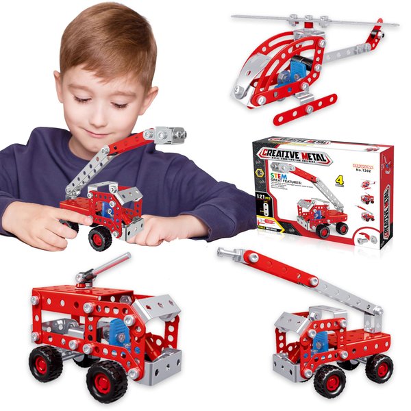 4 in 1 Metal Model Fire Truck Building Toys for Ages 8-13 14 and Up, 121pcs fire truck toys toddlers 3-5, Assembly fire truck model kit for Kids 8-10 Birthday Gift for 9 10 11 Year Old Boys Adults