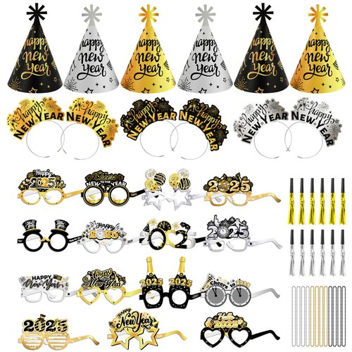 HOWAF Happy New Year Party Favors Set, 51 Pieces New Year Black Gold silver Eyeglasses Top Hats Headband Fringed Noisemaker Necklace for 2025 Bulk Party Favors Happy New Year Eve Party Supplies Decor