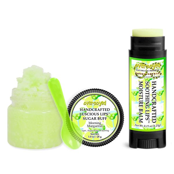 Morning Margaritas Soothing & Luscious Lips by OverSoyed Exfoliator & Chapped Lip Repair Lip Care Combo | Artisan Handcrafted to Order Citrus Lime Lemon Grapefruit Orange Spicy Mint Flavored Exfoliating Sugar Lip Scrub & Lip Moisturizer Balm Gift Set
