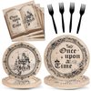 Fairytale Plates and Napkins Once Upon a Time Tableware Set Girl Princess Plates Old Opening Book Dinnerware Floral Castle Plate for Birthday Party Wedding Baby Shower Decoration Supplies Serve 24