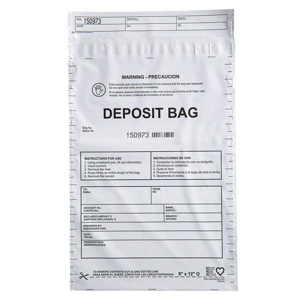 USPACKSMART Opaque Plastic Deposit Bags 9"x12" | Secure Bank Deposits, Cash Handling or Safe Currency Transportation | Sequential Barcodes | Tamper-Evident | Tear-Off Receipt for Security | 100-Pack
