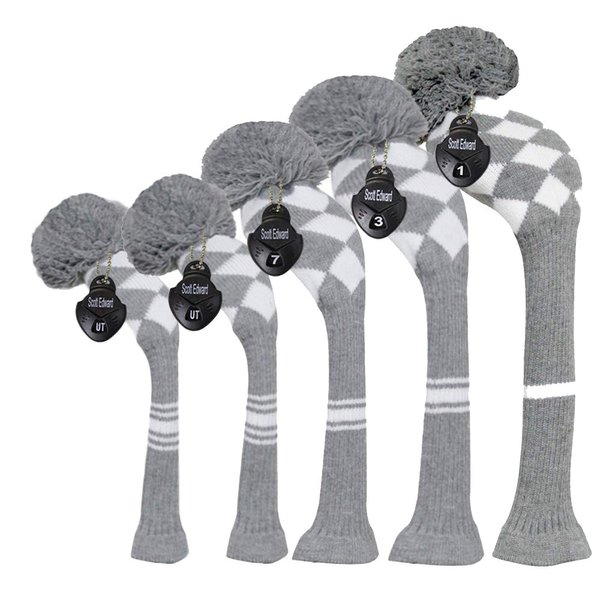 Scott Edward Grey&White Argyles Golf Club Covers Set of 5 Fit for Driver Wood(460cc)*1,Fairway Wood*2,and Hybrid(UT)*2,(Grey&White Argyles)