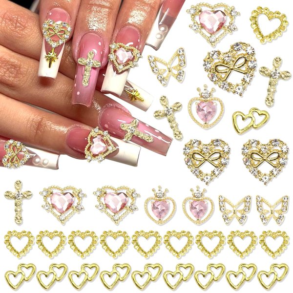 YAEISM Gold Nail Charms 35PCS Crystal Heart Nail Charms 3D Alloy Cross Nail Charms Metal Butterfly Charms Nail Rhinestones for Women Nail Art and DIY Crafts