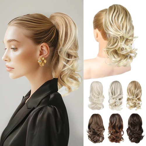 NTYNTY Ponytail Extension, 14" Claw Clip in Ponytail Hair Extensions Natural Soft Synthetic Layered Wavy Pony Tail Hair Pieces for Women - Golden Blonde with Highlights