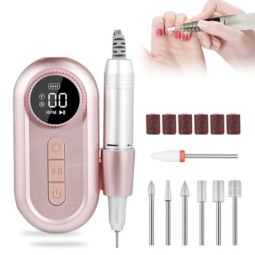 WTSKJ Professional Rechargeable Nail Drill 35000rpm Portable Acrylic Nail Drill LED HD Display Cordless Nail Drill Machine kit with 7 Metal Drill Bits for Manicure Pedicure Exfoliating Gold