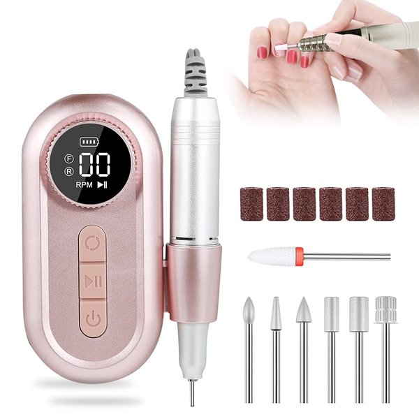 WTSKJ Professional Rechargeable Nail Drill 35000rpm Portable Acrylic Nail Drill LED HD Display Cordless Nail Drill Machine kit with 7 Metal Drill Bits for Manicure Pedicure Exfoliating Gold