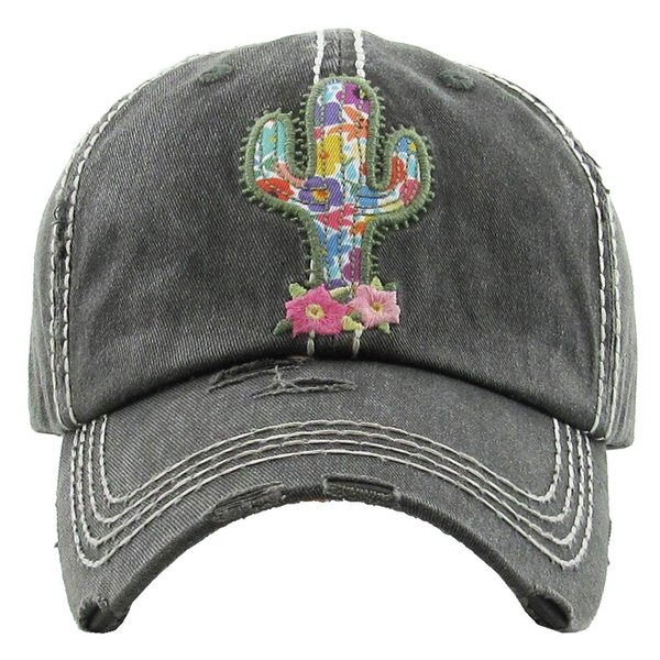 Funky Junque Distressed Baseball Cap Vintage Dad Hat - Cactus (Black)