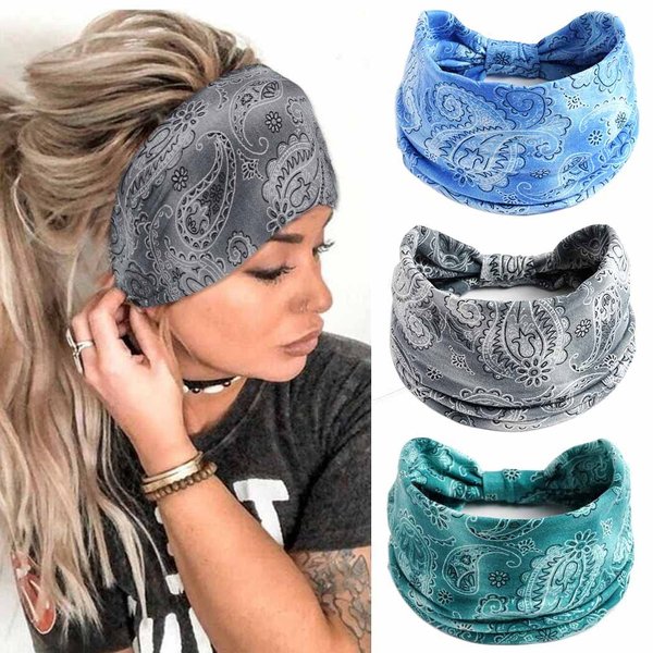 CAKURE Boho Wide Headbands Turban Knotted Head Bands Stretch Hair Bands Thick Head Wraps Yoga Sweatbands Hair Scarf Elastic Hair Accessories for Women and Girls Pack of 3 (Set-6b)