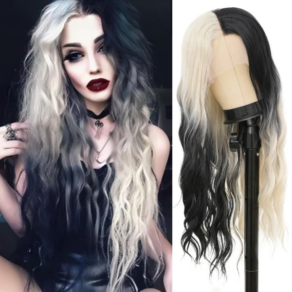 Salaibs White Ombre Black Lace Front Wigs for Women Long Curly Wavy Natural Synthetic Hair Wig for Daily Party Cosplay Halloween Use