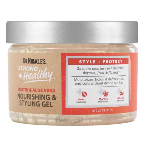 Dr. Miracle's Strong & Healthy Nourishing & Styling Gel. Contains Aloe Vera and Olive Oil to moisturize hair and reduce irritation.
