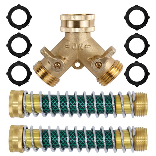 Triumpeek 3/4" Brass 2 Way Hose Splitter, Brass 2 Way Garden Hose Connector with 2 Pcs Garden Hose Coiled Spring Protectors and 6 Rubber Washers