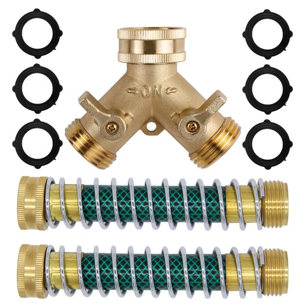 Triumpeek 3/4" Brass 2 Way Hose Splitter, Brass 2 Way Garden Hose Connector with 2 Pcs Garden Hose Coiled Spring Protectors and 6 Rubber Washers