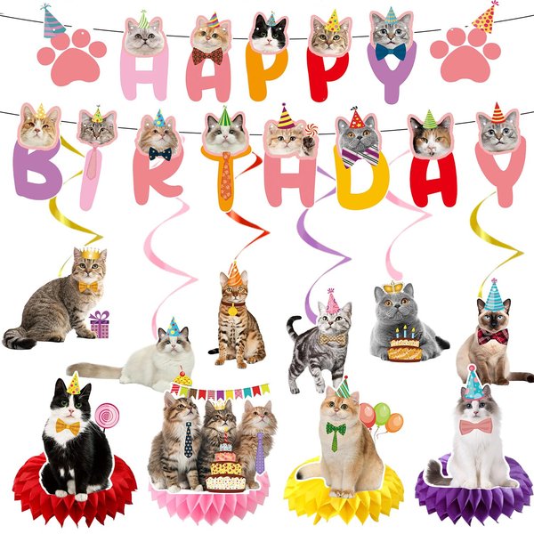 Coskingland Cat Birthday Party Decorations - 12PCS Cat Themed Birthday Party Decorations Supplies Cat Happy Birthday Banners Hanging Swirls Cute Cat Honeycomb Centerpieces Decor for Kids Girls