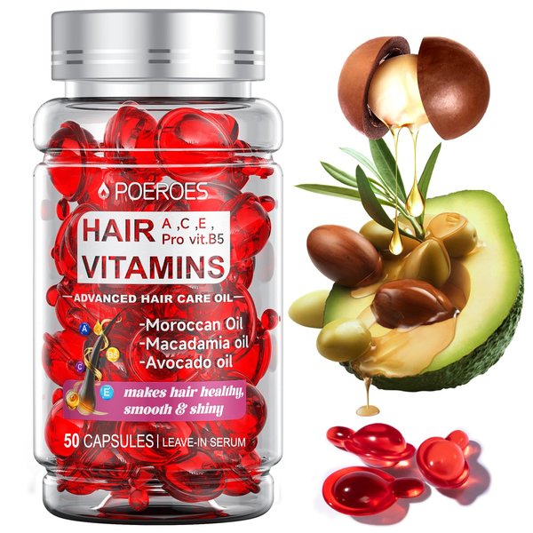 POEROES Hair Vitamins A C E Pro B5 50 Capsules- Hair Serum for Frizzy and Damaged Hair - Hair Oil with Argan Avocado & Moroccan Oil - Leave in Conditioner