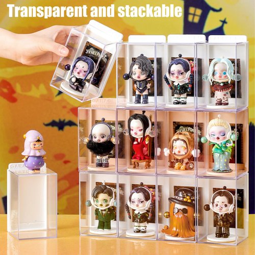 Figures Display Box, Clear Figures Display Case with ID Card Slot, Stackable Doll Display Stand for Pop Mart Lego Collectibles Action Figures