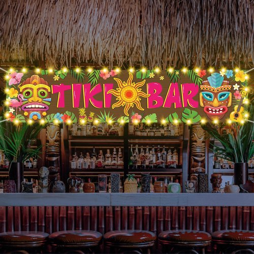 OuMuaMua Hawaiian Tiki Party Decorations, Luau Tiki Decorations Banner, Tiki Bar Sign with Lights for Summer Aloha Moana Hawaii Luau Party Decorations, Tropical Birthday Beach Pool Party Supplies