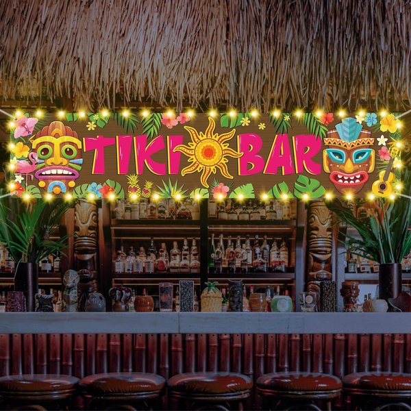 OuMuaMua Hawaiian Tiki Party Decorations, Luau Tiki Decorations Banner, Tiki Bar Sign with Lights for Summer Aloha Moana Hawaii Luau Party Decorations, Tropical Birthday Beach Pool Party Supplies
