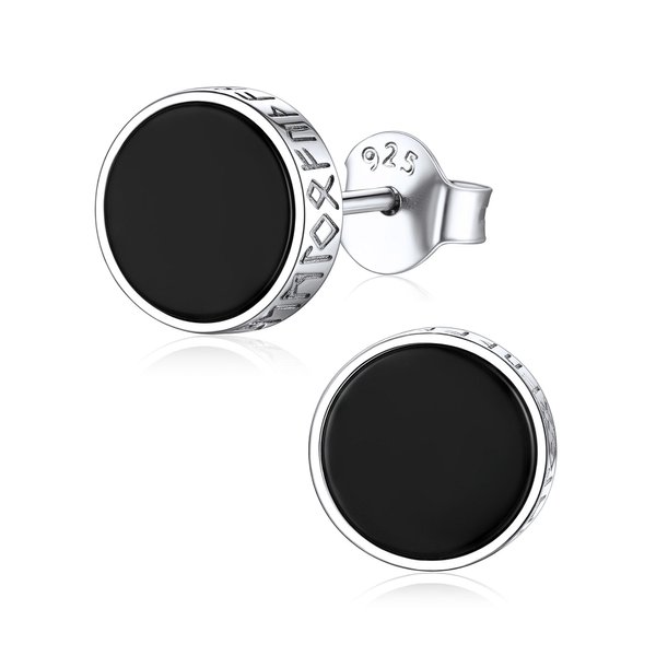 ChicSilver Mens Black Stud Earrings 925 Sterling Silver Round Black Onyx Stud Earrings with Viking Rune Men Earrings Studs